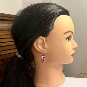 Red pierced earrings, silver tone hoop